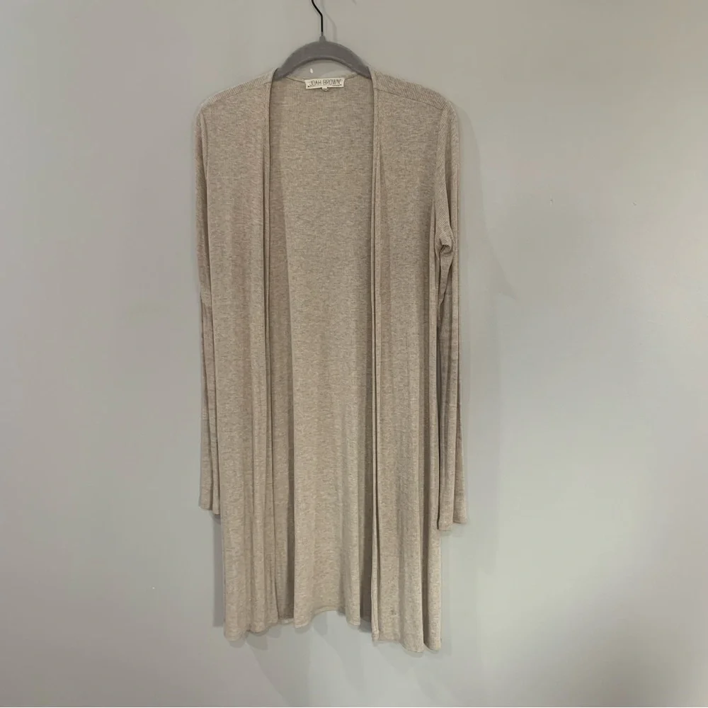Joah Brown Cardigan Luna Duster Side Slit Ribbed in Oatmeal Cream